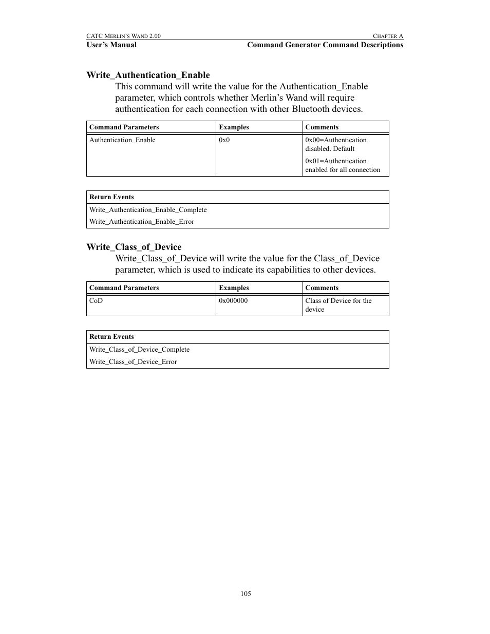 Write_authentication_enable, Write_class_of_device, Write_authentication_enable write_class_of_device | Teledyne LeCroy Merlins Wand - Users Manual User Manual | Page 121 / 298