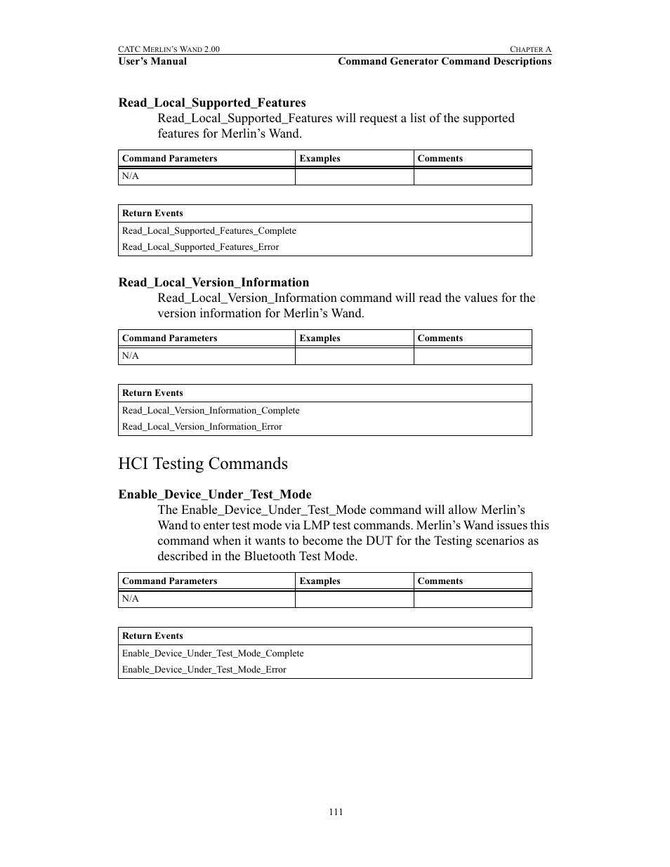 Read_local_supported_features, Read_local_version_information, Hci testing commands | Enable_device_under_test_mode | Teledyne LeCroy Merlins Wand - Users Manual User Manual | Page 127 / 298