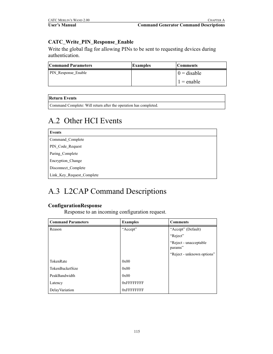 Catc_write_pin_response_enable, A.2 other hci events, A.3 l2cap command descriptions | Configurationresponse, Other hci events l2cap command descriptions, 0 = disable 1 = enable | Teledyne LeCroy Merlins Wand - Users Manual User Manual | Page 131 / 298