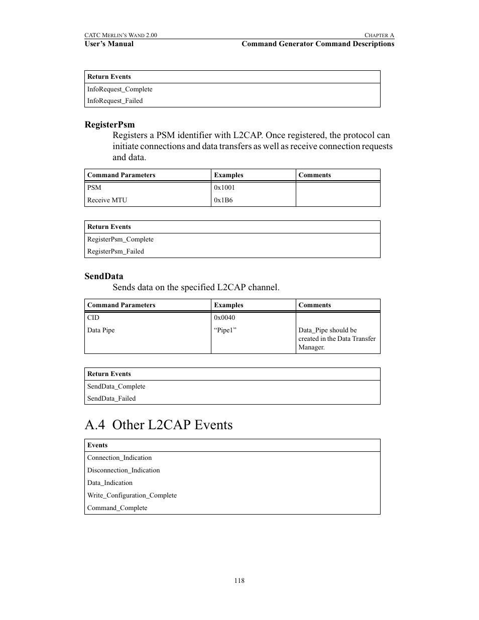Registerpsm, Senddata, A.4 other l2cap events | Registerpsm senddata, Other l2cap events | Teledyne LeCroy Merlins Wand - Users Manual User Manual | Page 134 / 298