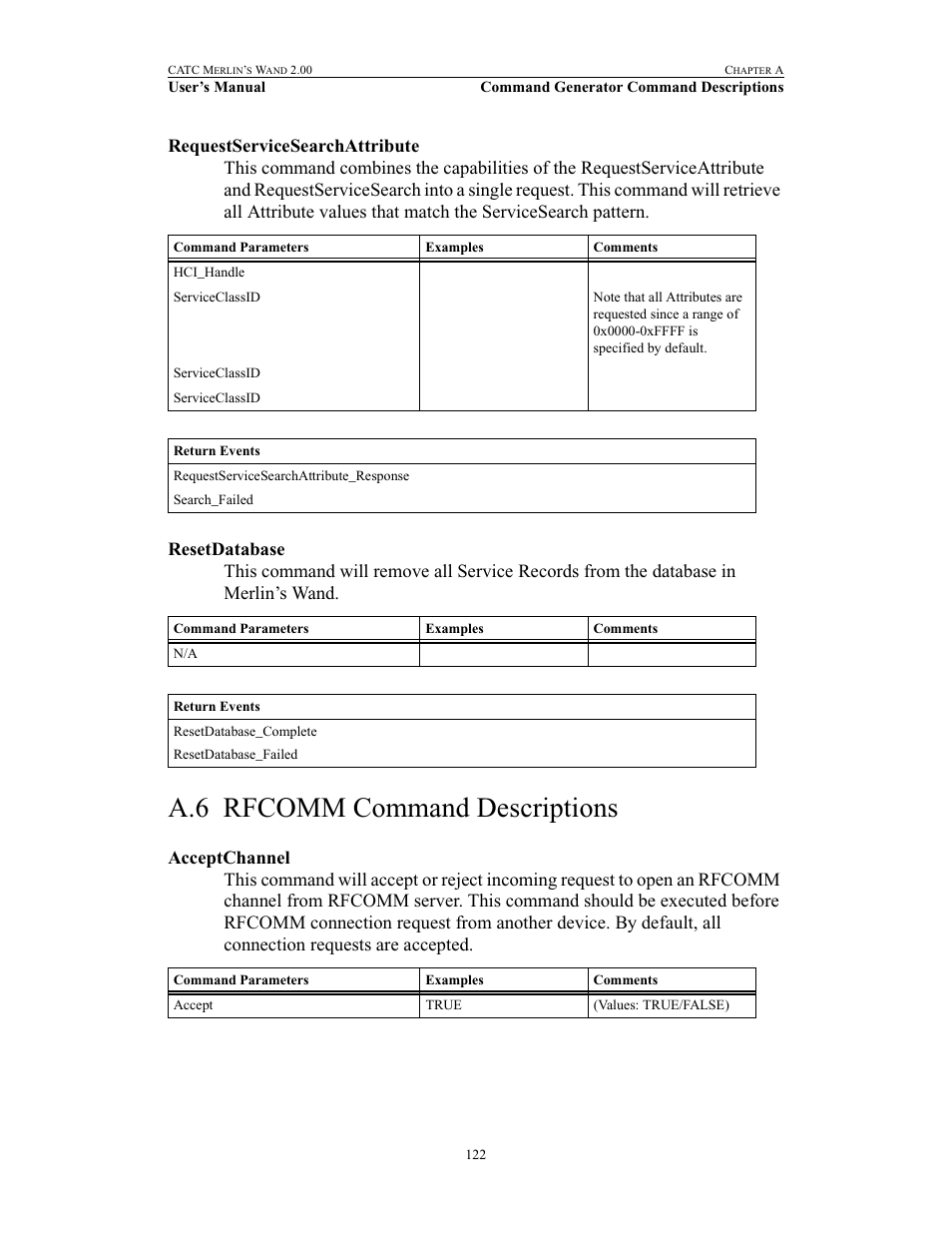 Requestservicesearchattribute, Resetdatabase, A.6 rfcomm command descriptions | Acceptchannel, Requestservicesearchattribute resetdatabase, Rfcomm command descriptions | Teledyne LeCroy Merlins Wand - Users Manual User Manual | Page 138 / 298