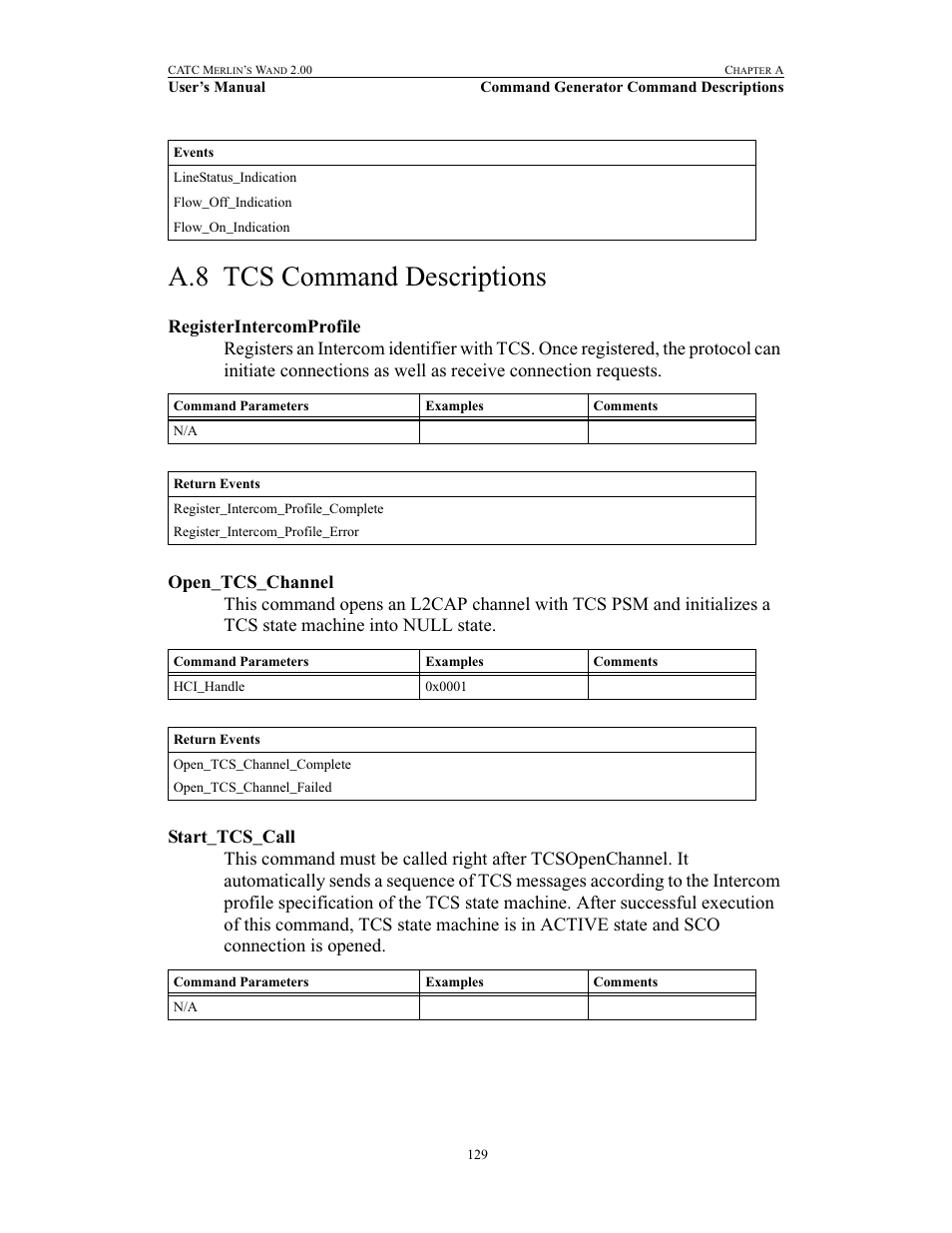A.8 tcs command descriptions, Registerintercomprofile, Open_tcs_channel | Start_tcs_call, Tcs command descriptions | Teledyne LeCroy Merlins Wand - Users Manual User Manual | Page 145 / 298