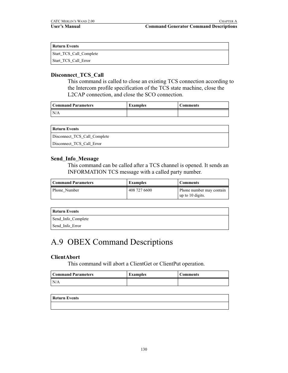 Disconnect_tcs_call, Send_info_message, A.9 obex command descriptions | Clientabort, Disconnect_tcs_call send_info_message, Obex command descriptions | Teledyne LeCroy Merlins Wand - Users Manual User Manual | Page 146 / 298