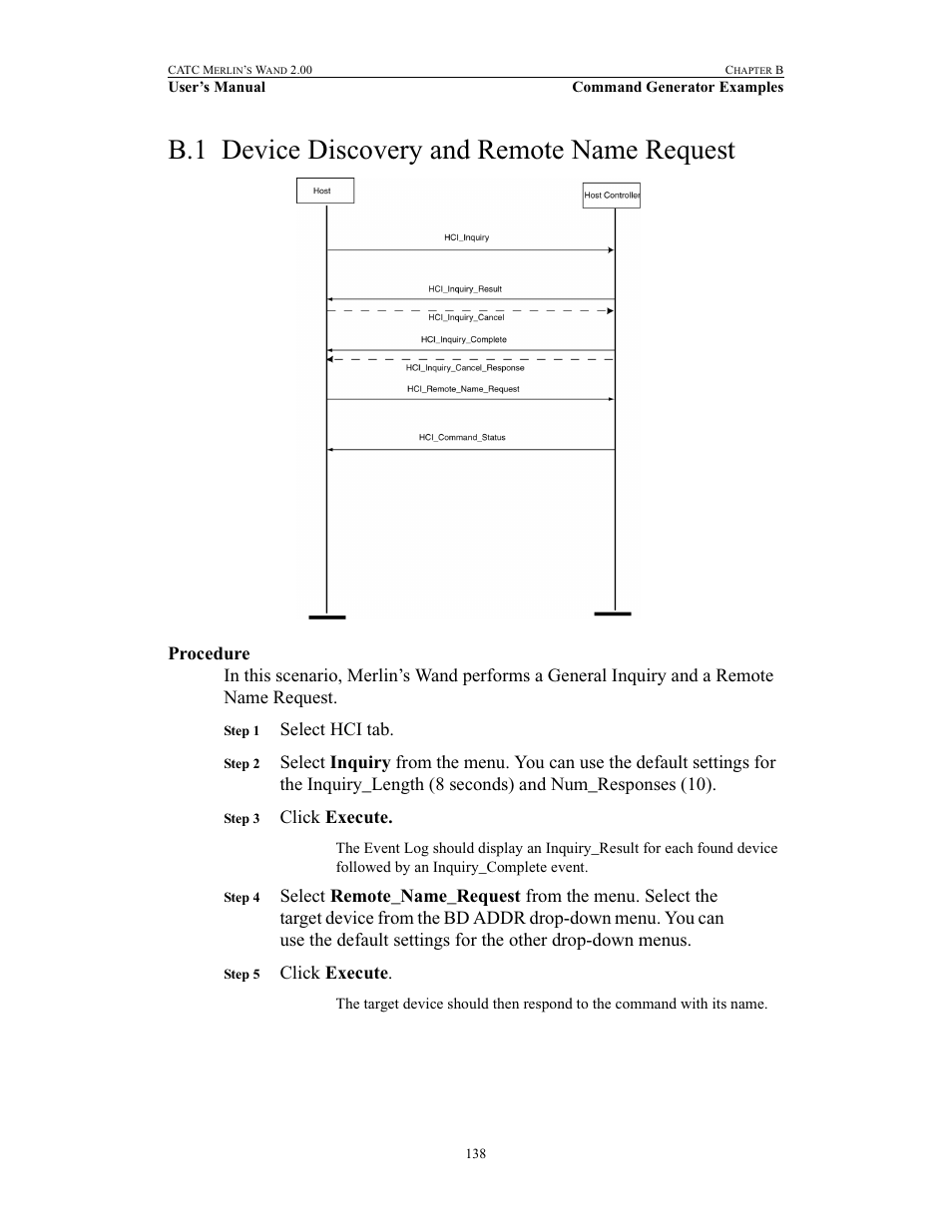 B.1 device discovery and remote name request, Procedure, Device discovery and remote name request | Select hci tab, Click execute | Teledyne LeCroy Merlins Wand - Users Manual User Manual | Page 154 / 298