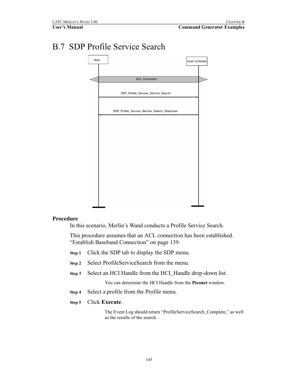 B.7 sdp profile service search, Procedure, Sdp profile service search | Teledyne LeCroy Merlins Wand - Users Manual User Manual | Page 161 / 298