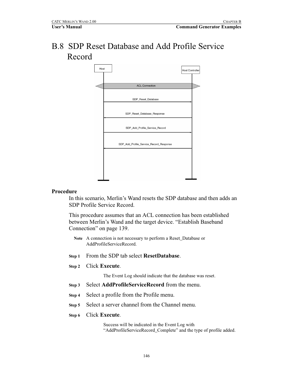 Procedure, Sdp reset database and add profile service record | Teledyne LeCroy Merlins Wand - Users Manual User Manual | Page 162 / 298