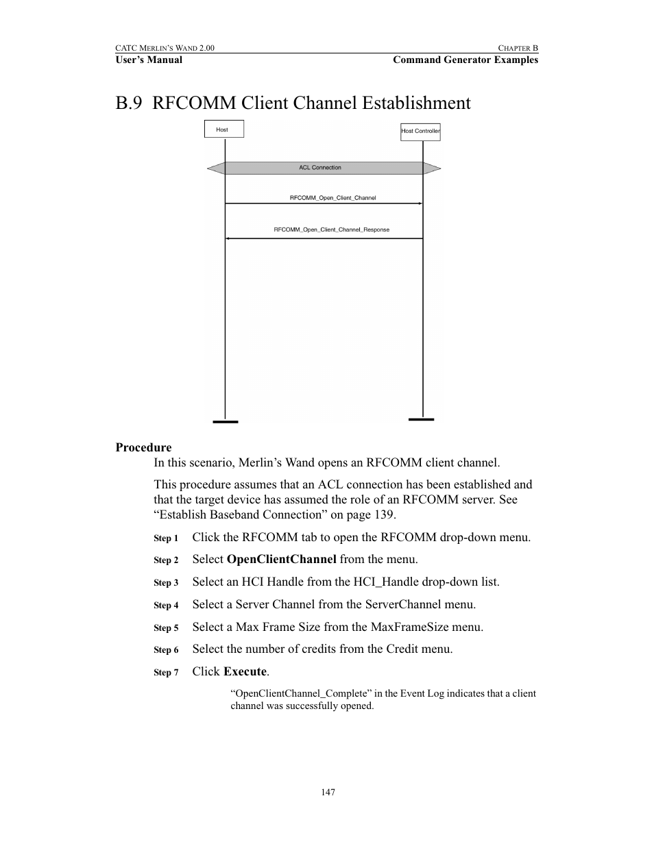 B.9 rfcomm client channel establishment, Procedure, Rfcomm client channel establishment | Teledyne LeCroy Merlins Wand - Users Manual User Manual | Page 163 / 298