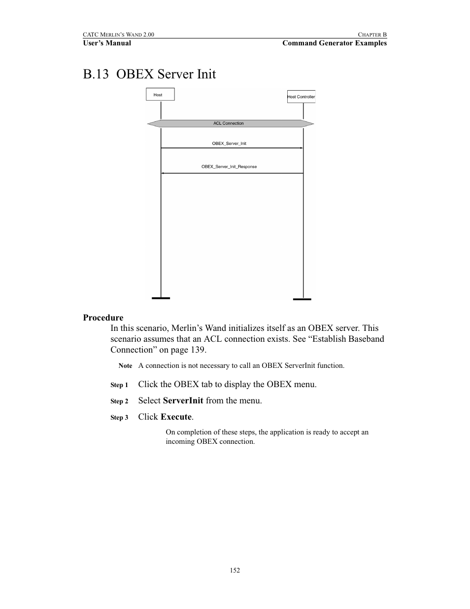 B.13 obex server init, Procedure, Obex server init | Click the obex tab to display the obex menu, Select serverinit from the menu, Click execute | Teledyne LeCroy Merlins Wand - Users Manual User Manual | Page 168 / 298