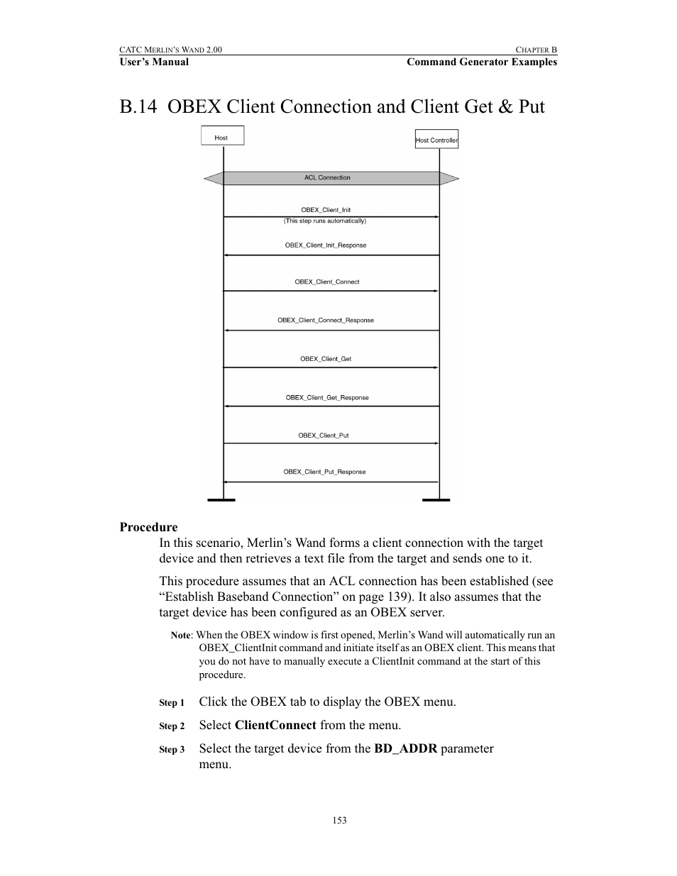 B.14 obex client connection and client get & put, Procedure, Obex client connection and client get & put | Click the obex tab to display the obex menu, Select clientconnect from the menu | Teledyne LeCroy Merlins Wand - Users Manual User Manual | Page 169 / 298