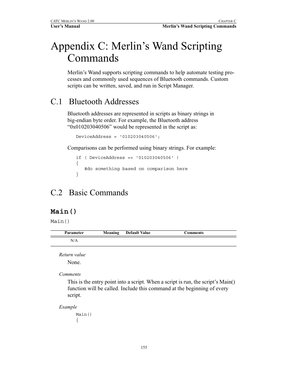 Appendix c: merlin’s wand scripting commands, C.1 bluetooth addresses, C.2 basic commands | Main(), Bluetooth addresses basic commands | Teledyne LeCroy Merlins Wand - Users Manual User Manual | Page 171 / 298