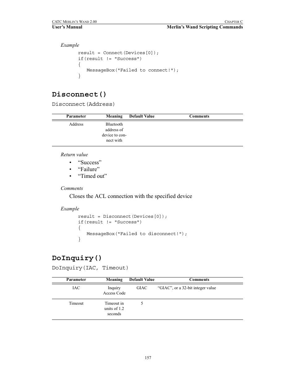 Disconnect(), Doinquiry(), Disconnect() doinquiry() | Teledyne LeCroy Merlins Wand - Users Manual User Manual | Page 173 / 298