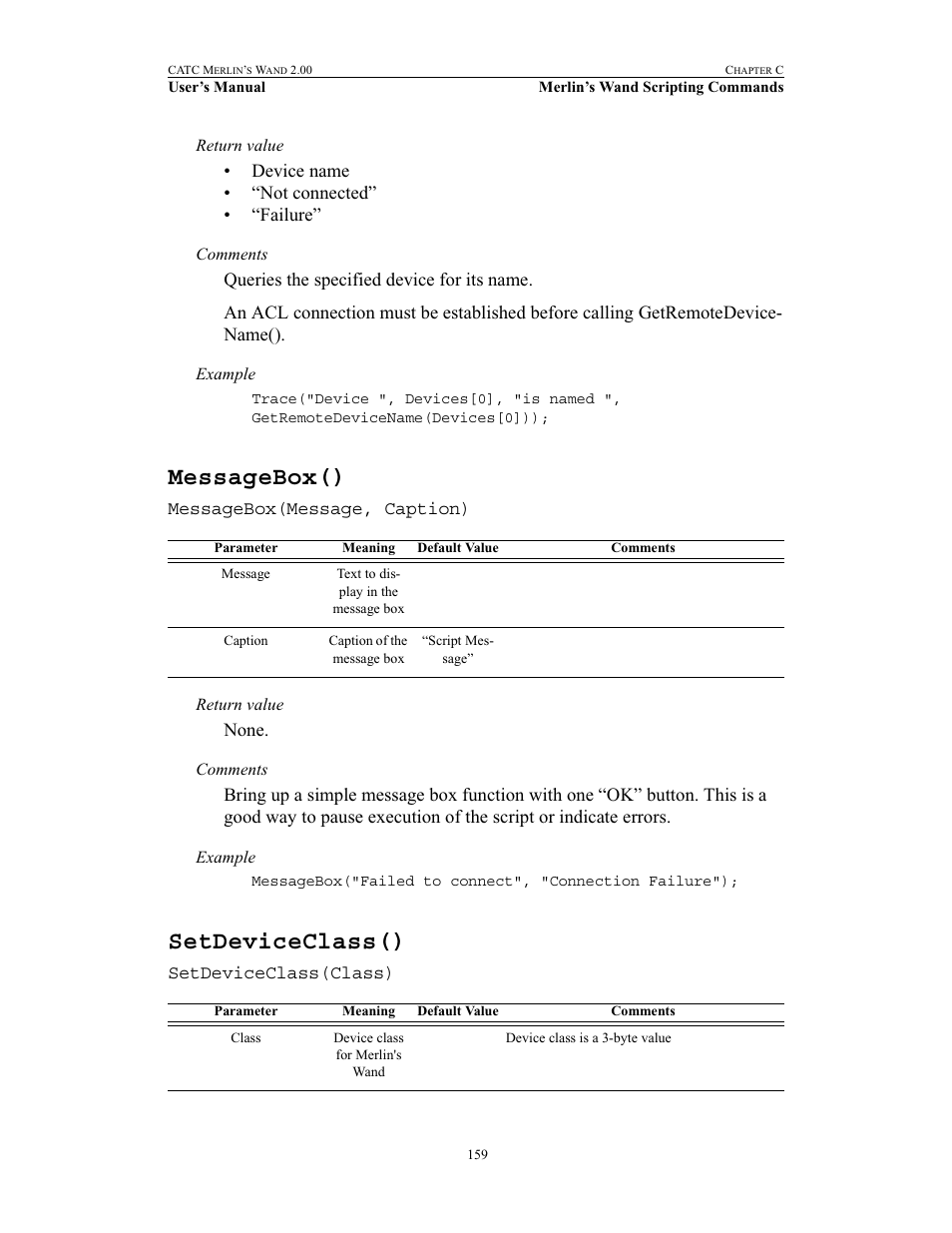 Messagebox(), Setdeviceclass(), Messagebox() setdeviceclass() | Teledyne LeCroy Merlins Wand - Users Manual User Manual | Page 175 / 298