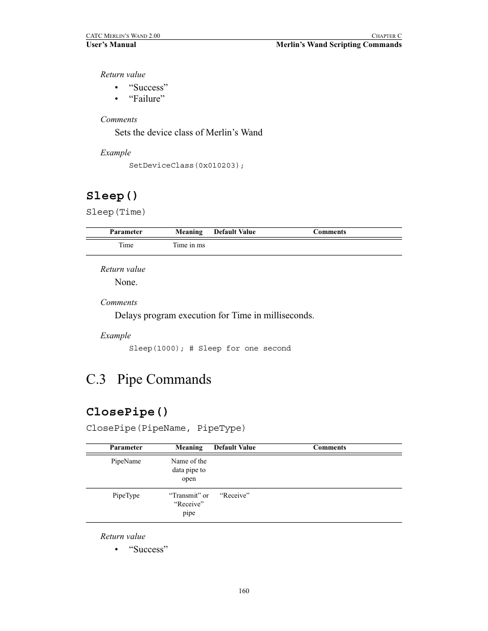 Sleep(), C.3 pipe commands, Closepipe() | Pipe commands | Teledyne LeCroy Merlins Wand - Users Manual User Manual | Page 176 / 298