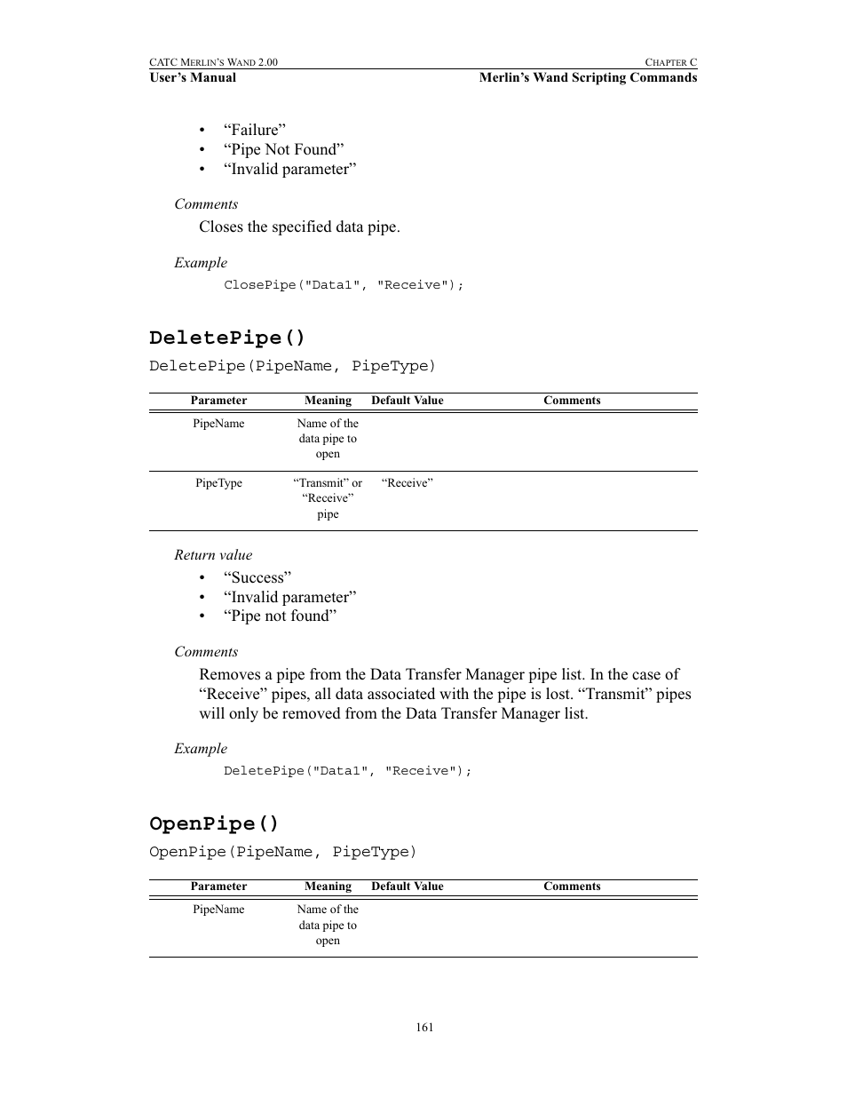 Deletepipe(), Openpipe(), Deletepipe() openpipe() | Teledyne LeCroy Merlins Wand - Users Manual User Manual | Page 177 / 298