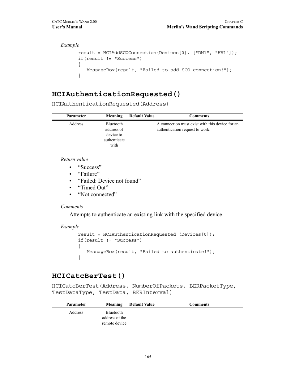 Hciauthenticationrequested(), Hcicatcbertest() | Teledyne LeCroy Merlins Wand - Users Manual User Manual | Page 181 / 298