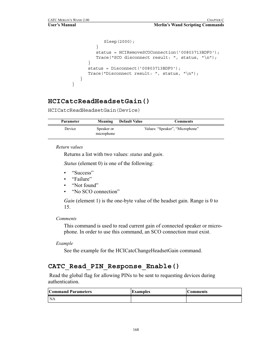 Hcicatcreadheadsetgain(), Catc_read_pin_response_enable() | Teledyne LeCroy Merlins Wand - Users Manual User Manual | Page 184 / 298