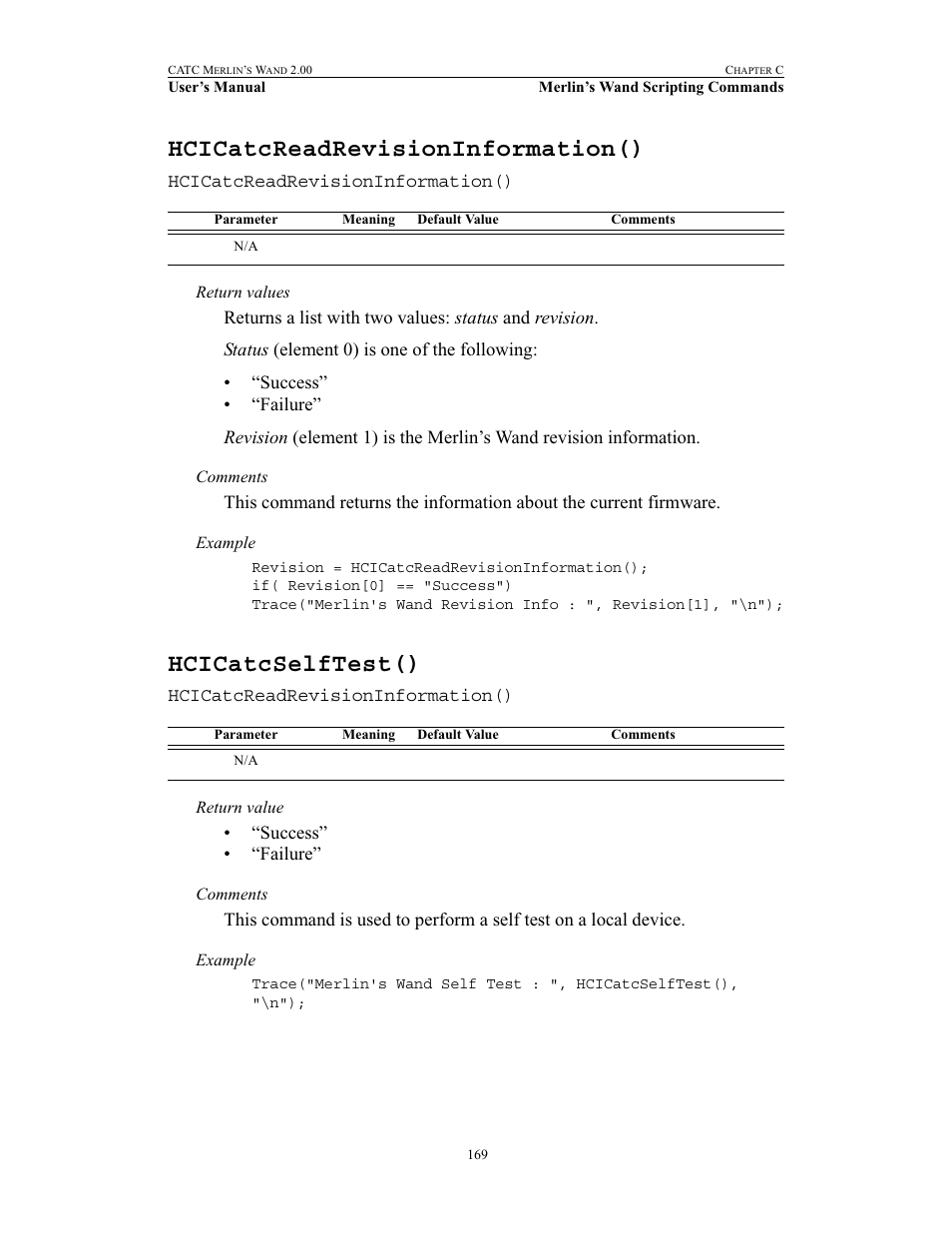 Hcicatcreadrevisioninformation(), Hcicatcselftest(), Hcicatcreadrevisioninformation() hcicatcselftest() | Teledyne LeCroy Merlins Wand - Users Manual User Manual | Page 185 / 298