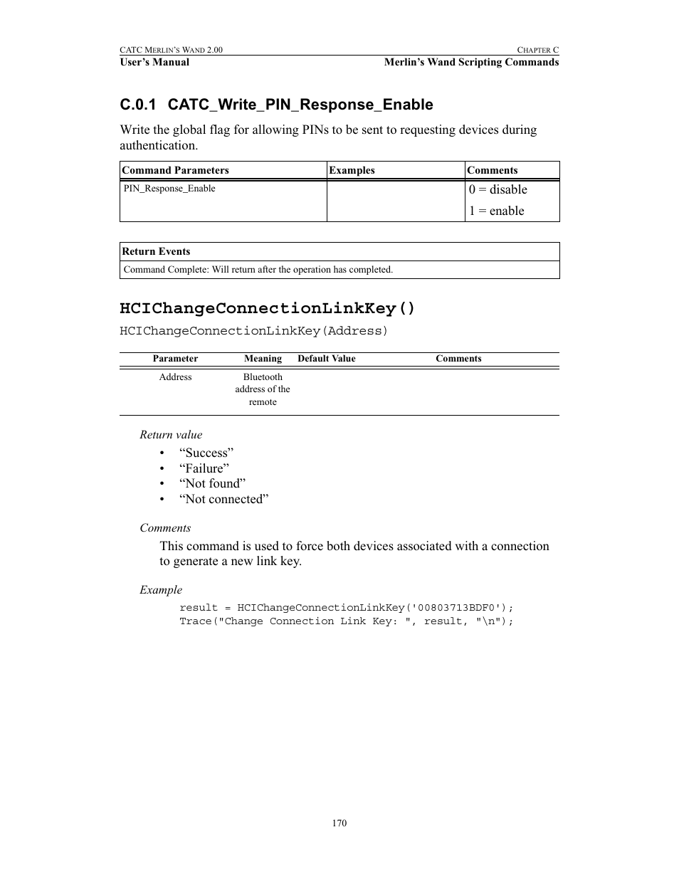 Hcichangeconnectionlinkkey(), C.0.1 catc_write_pin_response_enable | Teledyne LeCroy Merlins Wand - Users Manual User Manual | Page 186 / 298