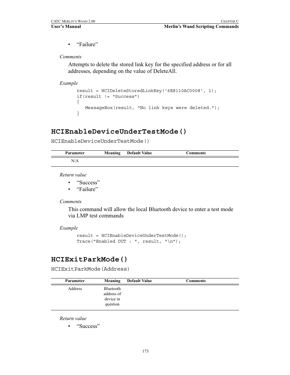 Hcienabledeviceundertestmode(), Hciexitparkmode(), Hcienabledeviceundertestmode() hciexitparkmode() | Teledyne LeCroy Merlins Wand - Users Manual User Manual | Page 189 / 298