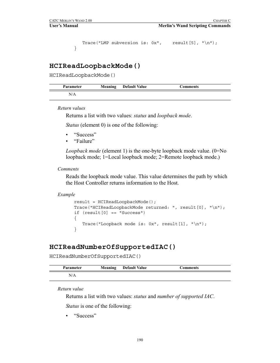 Hcireadloopbackmode(), Hcireadnumberofsupportediac() | Teledyne LeCroy Merlins Wand - Users Manual User Manual | Page 206 / 298