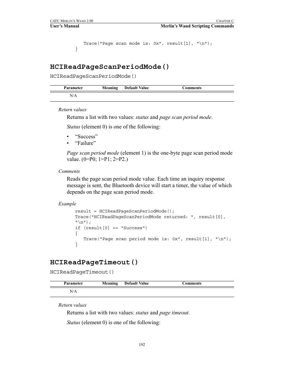 Hcireadpagescanperiodmode(), Hcireadpagetimeout() | Teledyne LeCroy Merlins Wand - Users Manual User Manual | Page 208 / 298