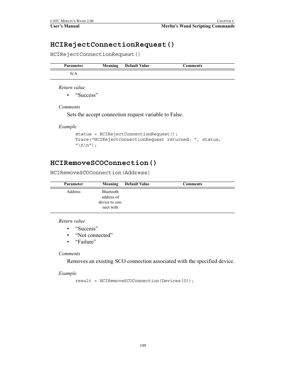 Hcirejectconnectionrequest(), Hciremovescoconnection() | Teledyne LeCroy Merlins Wand - Users Manual User Manual | Page 215 / 298