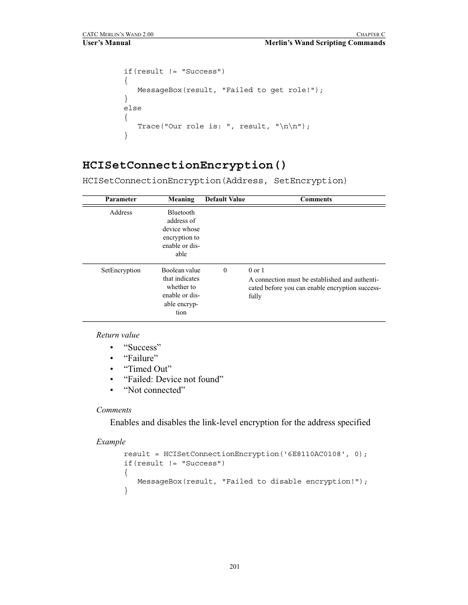Hcisetconnectionencryption() | Teledyne LeCroy Merlins Wand - Users Manual User Manual | Page 217 / 298