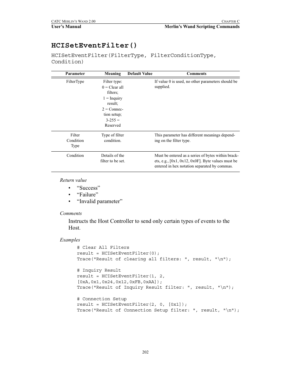 Hciseteventfilter(), Success” • “failure” • “invalid parameter | Teledyne LeCroy Merlins Wand - Users Manual User Manual | Page 218 / 298