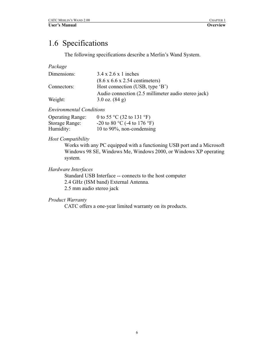 6 specifications, Specifications | Teledyne LeCroy Merlins Wand - Users Manual User Manual | Page 22 / 298