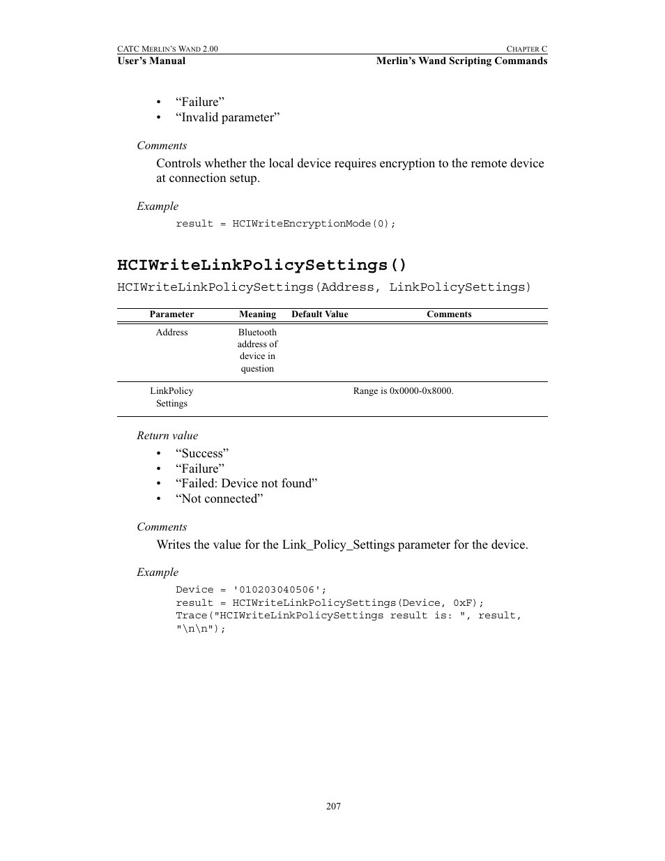 Hciwritelinkpolicysettings() | Teledyne LeCroy Merlins Wand - Users Manual User Manual | Page 223 / 298
