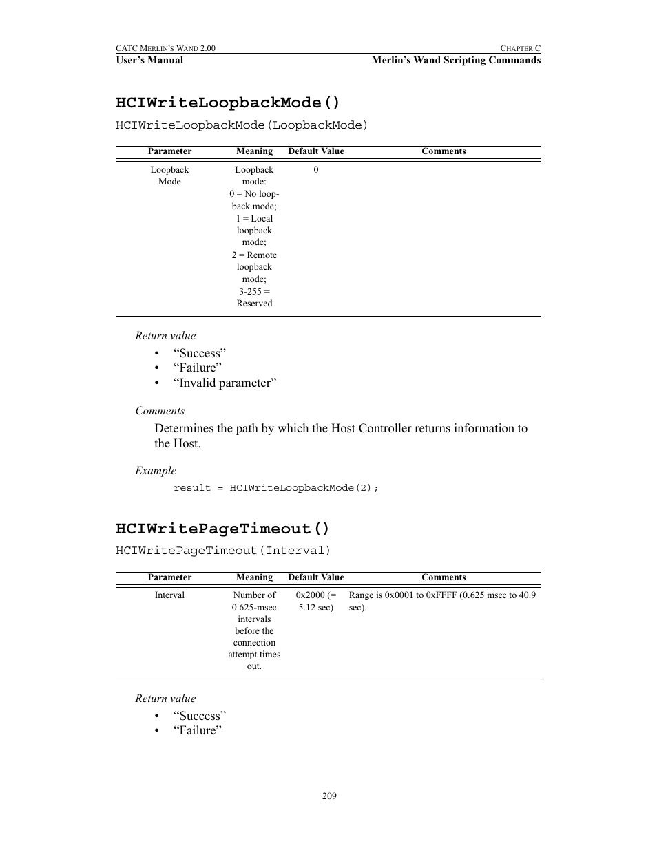 Hciwriteloopbackmode(), Hciwritepagetimeout() | Teledyne LeCroy Merlins Wand - Users Manual User Manual | Page 225 / 298