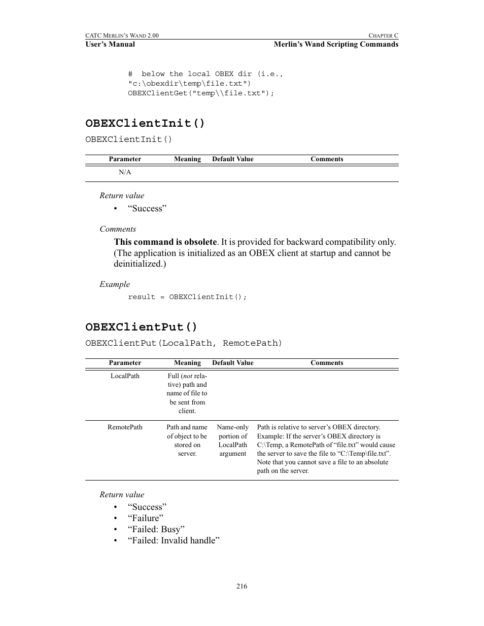 Obexclientinit(), Obexclientput(), Obexclientinit() obexclientput() | Teledyne LeCroy Merlins Wand - Users Manual User Manual | Page 232 / 298