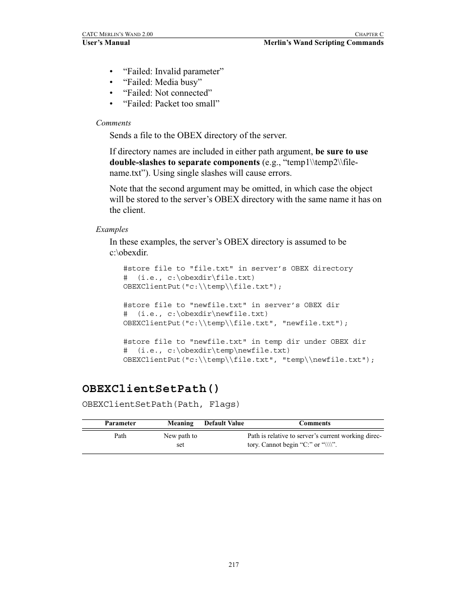 Obexclientsetpath() | Teledyne LeCroy Merlins Wand - Users Manual User Manual | Page 233 / 298