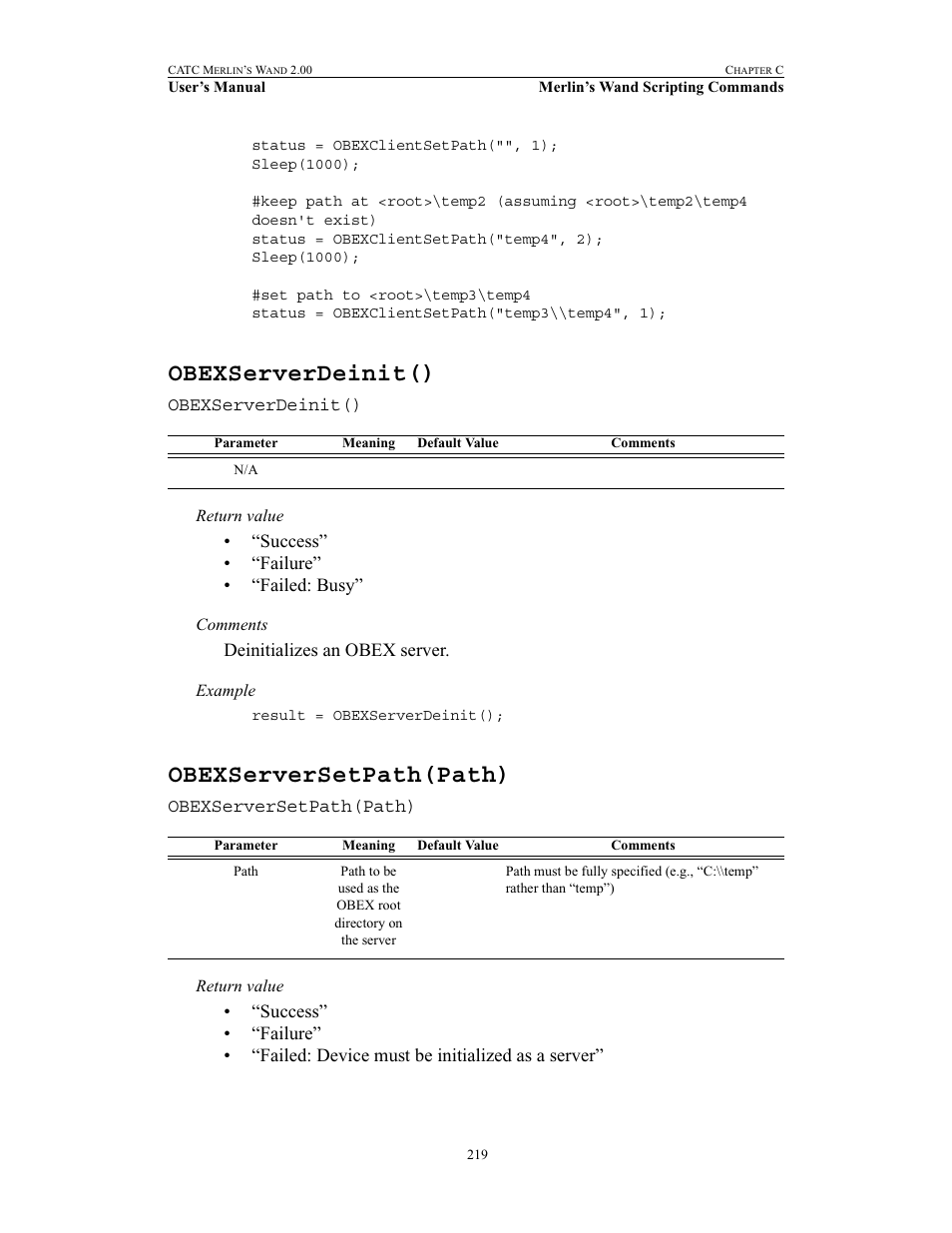 Obexserverdeinit(), Obexserversetpath(path), Obexserverdeinit() obexserversetpath(path) | Teledyne LeCroy Merlins Wand - Users Manual User Manual | Page 235 / 298