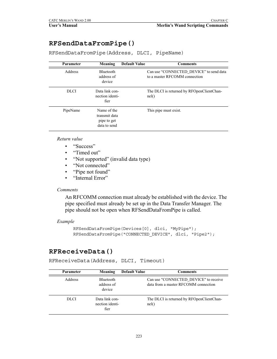 Rfsenddatafrompipe(), Rfreceivedata(), Rfsenddatafrompipe() rfreceivedata() | Teledyne LeCroy Merlins Wand - Users Manual User Manual | Page 239 / 298