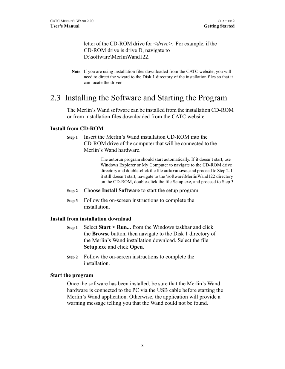 3 installing the software and starting the program, Install from cd-rom, Install from installation download | Start the program, Installing the software and starting the program | Teledyne LeCroy Merlins Wand - Users Manual User Manual | Page 24 / 298