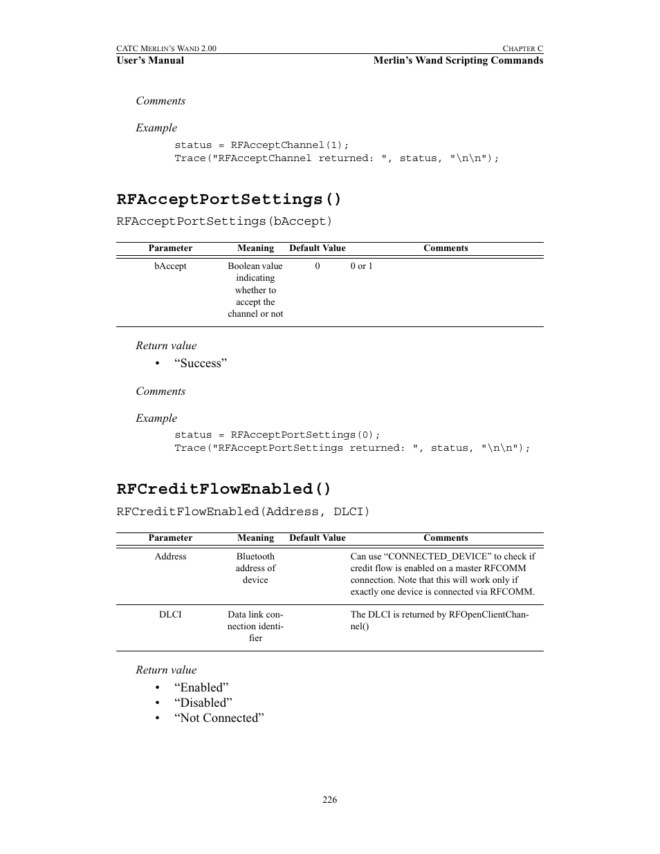 Rfacceptportsettings(), Rfcreditflowenabled(), Rfacceptportsettings() rfcreditflowenabled() | Teledyne LeCroy Merlins Wand - Users Manual User Manual | Page 242 / 298