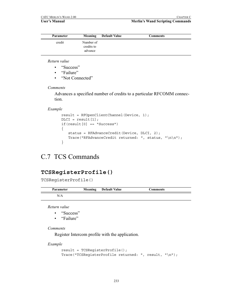 C.7 tcs commands, Tcsregisterprofile(), Tcs commands | Teledyne LeCroy Merlins Wand - Users Manual User Manual | Page 249 / 298