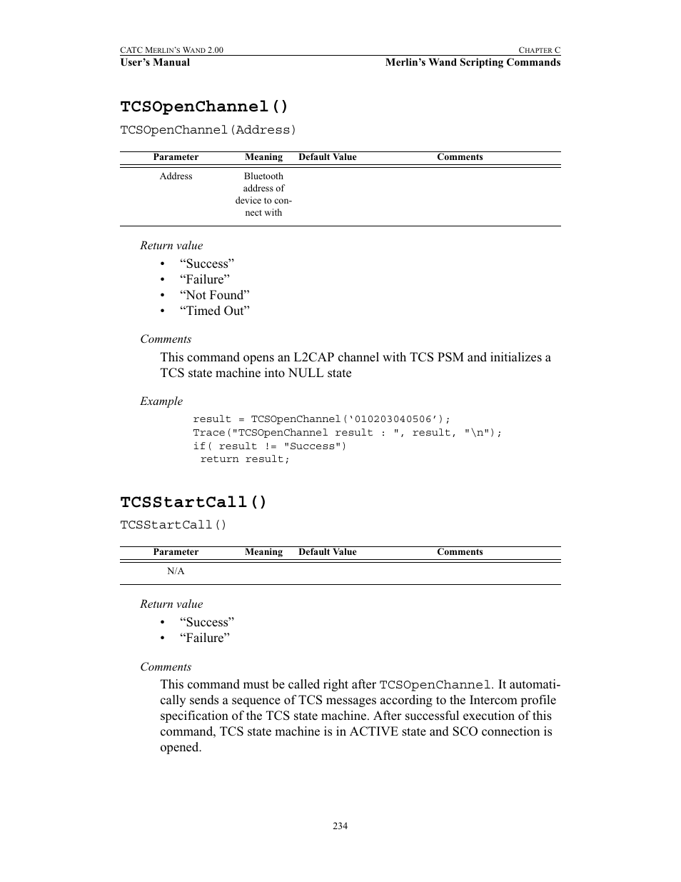 Tcsopenchannel(), Tcsstartcall(), Tcsopenchannel() tcsstartcall() | Teledyne LeCroy Merlins Wand - Users Manual User Manual | Page 250 / 298