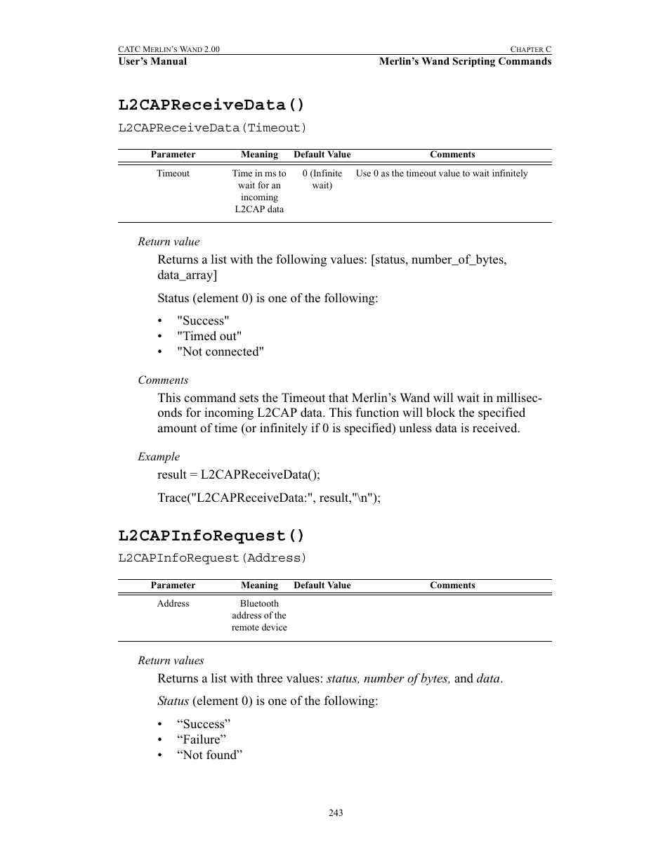 L2capreceivedata(), L2capinforequest(), L2capreceivedata() l2capinforequest() | Teledyne LeCroy Merlins Wand - Users Manual User Manual | Page 259 / 298