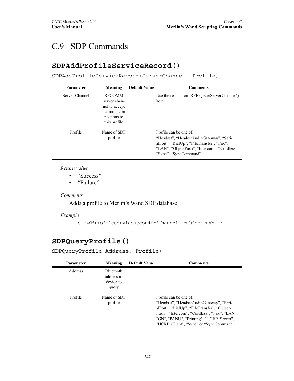 C.9 sdp commands, Sdpaddprofileservicerecord(), Sdpqueryprofile() | Sdp commands, Sdpaddprofileservicerecord() sdpqueryprofile() | Teledyne LeCroy Merlins Wand - Users Manual User Manual | Page 263 / 298