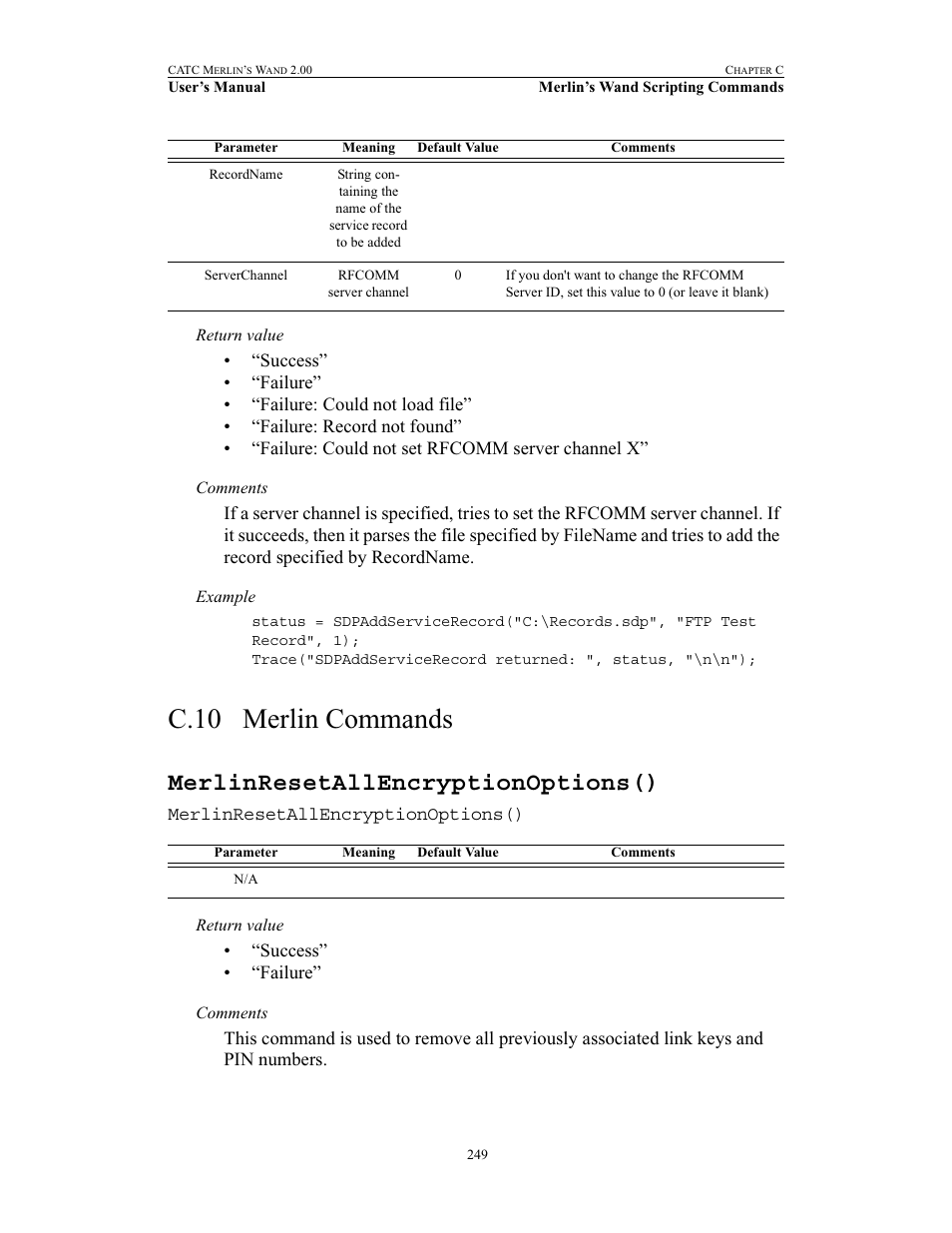 C.10 merlin commands, Merlinresetallencryptionoptions(), Merlin commands | Teledyne LeCroy Merlins Wand - Users Manual User Manual | Page 265 / 298