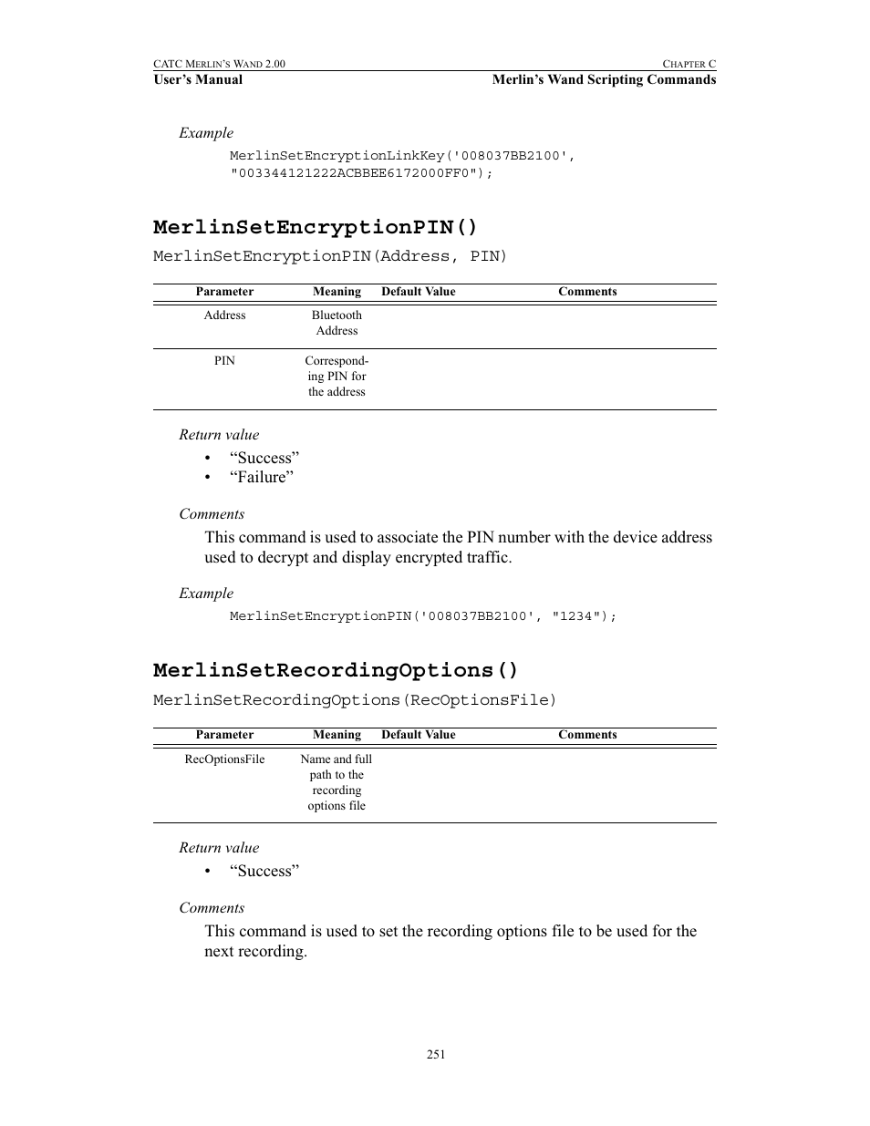 Merlinsetencryptionpin(), Merlinsetrecordingoptions() | Teledyne LeCroy Merlins Wand - Users Manual User Manual | Page 267 / 298