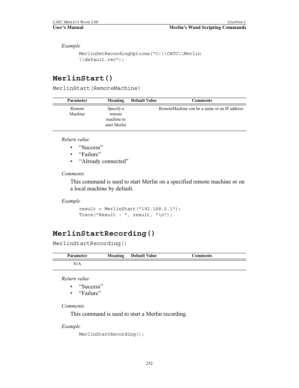 Merlinstart(), Merlinstartrecording(), Merlinstart() merlinstartrecording() | Teledyne LeCroy Merlins Wand - Users Manual User Manual | Page 268 / 298