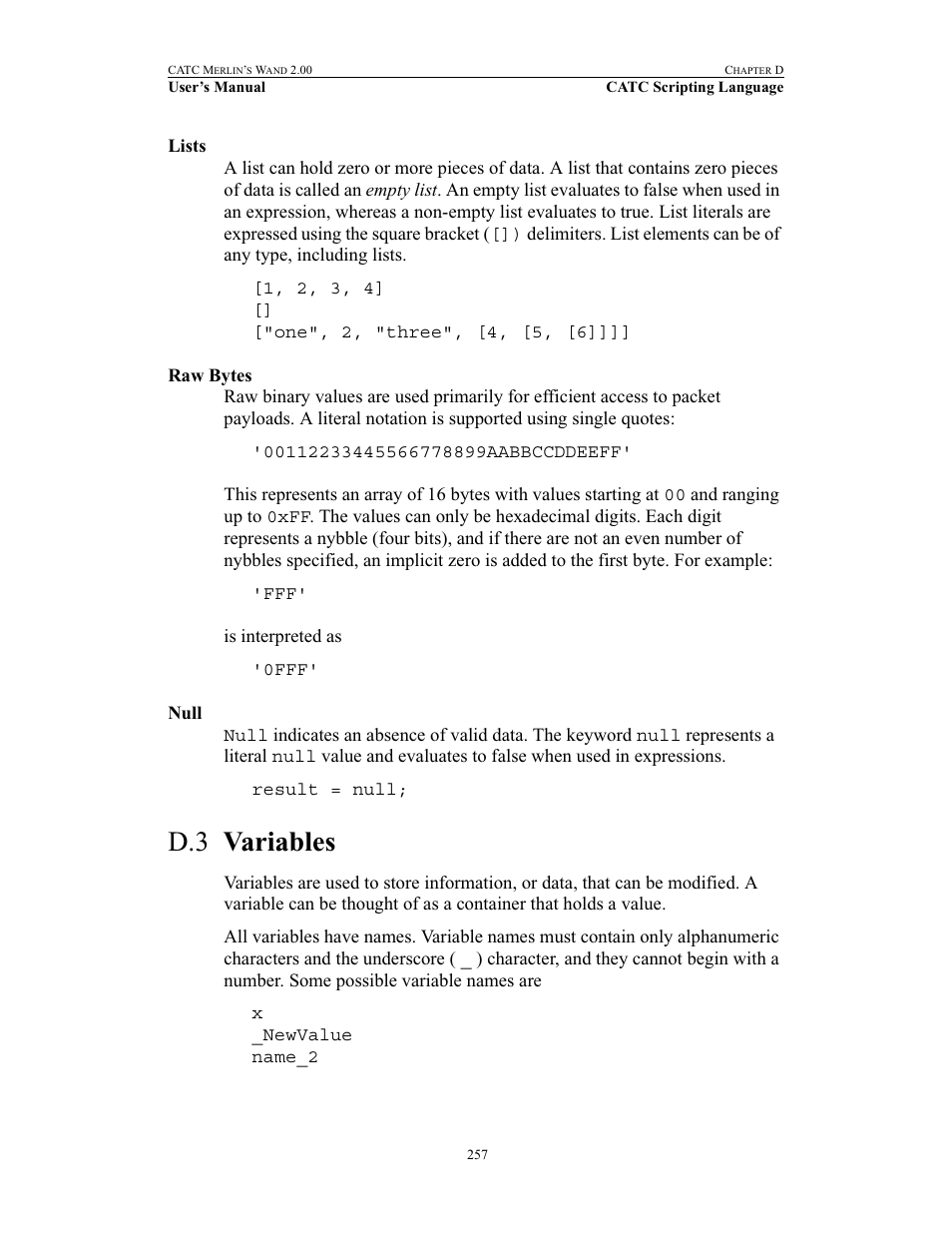 Lists, Raw bytes, Null | D.3 variables, Lists raw bytes null, Variables | Teledyne LeCroy Merlins Wand - Users Manual User Manual | Page 273 / 298