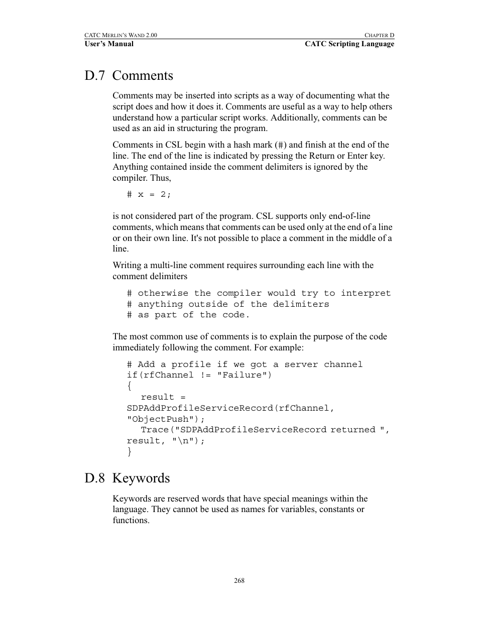 D.7 comments, D.8 keywords, Comments keywords | Teledyne LeCroy Merlins Wand - Users Manual User Manual | Page 284 / 298