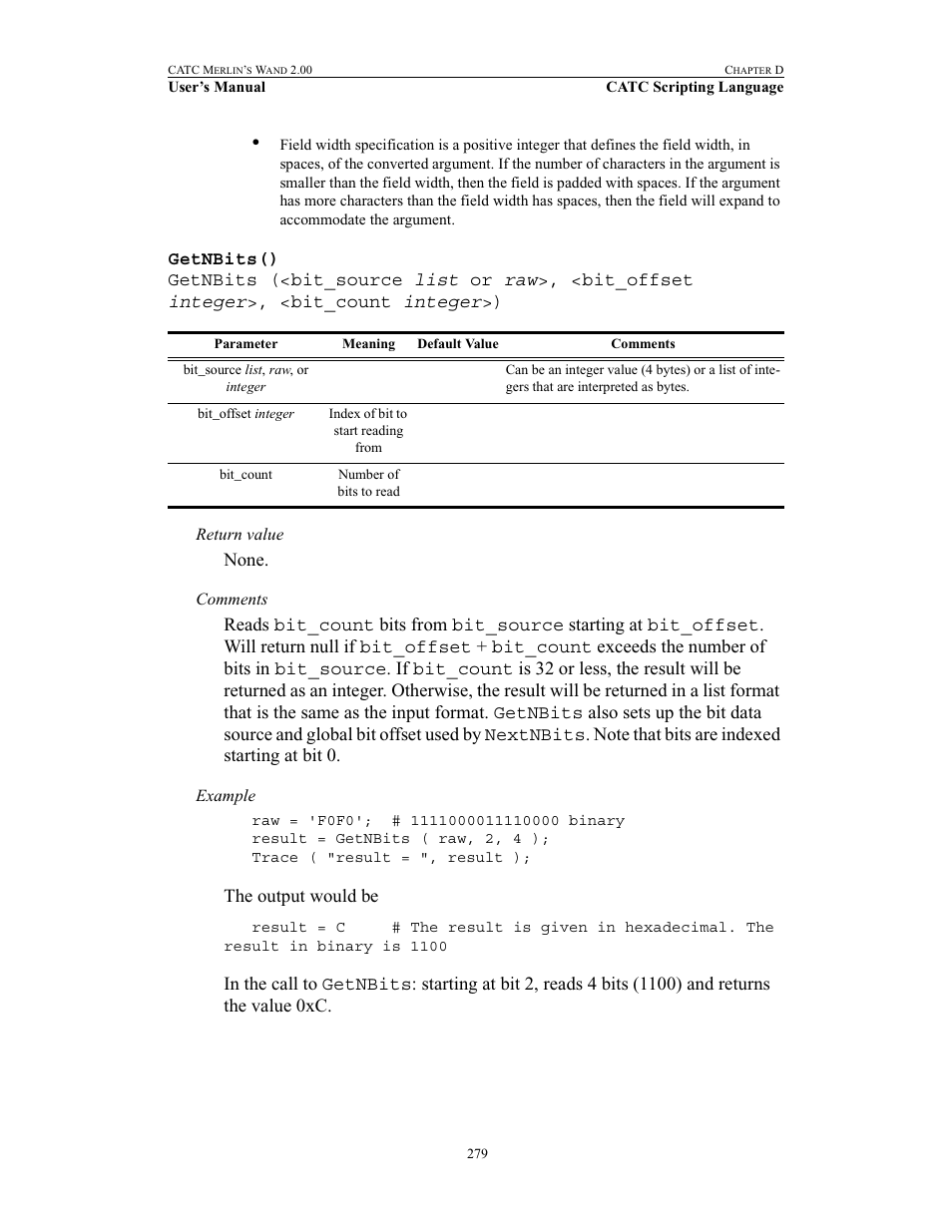 Getnbits(), None, The output would be | Teledyne LeCroy Merlins Wand - Users Manual User Manual | Page 295 / 298