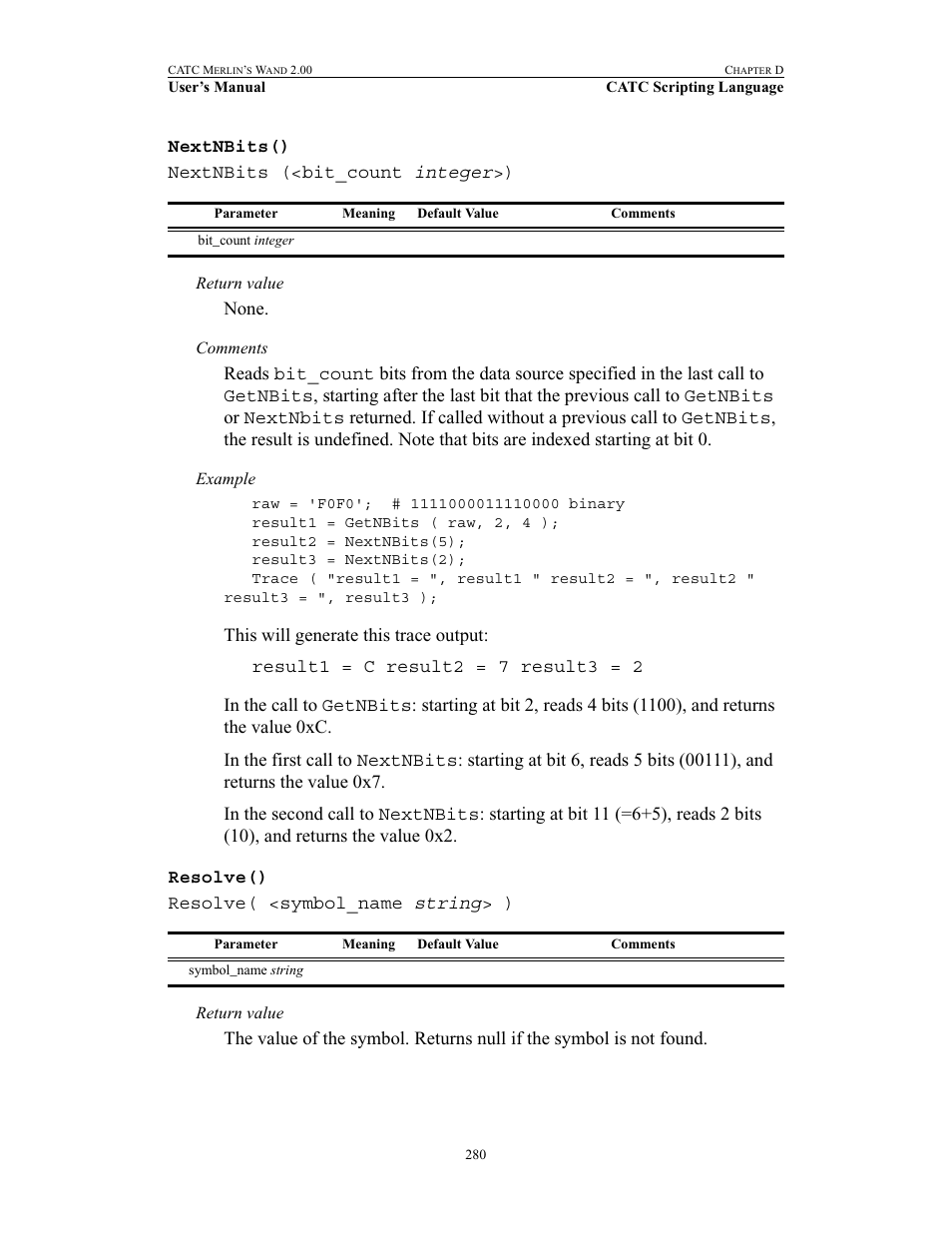 Nextnbits(), Resolve(), Nextnbits() resolve() | Teledyne LeCroy Merlins Wand - Users Manual User Manual | Page 296 / 298