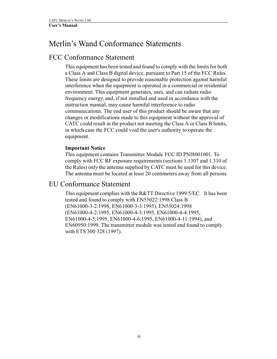 Fcc conformance statement, Important notice, Eu conformance statement | Merlin’s wand conformance statements | Teledyne LeCroy Merlins Wand - Users Manual User Manual | Page 3 / 298