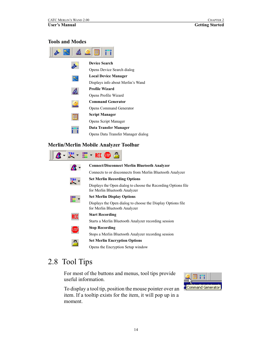 Tools and modes, Merlin/merlin mobile analyzer toolbar, 8 tool tips | Tool tips | Teledyne LeCroy Merlins Wand - Users Manual User Manual | Page 30 / 298